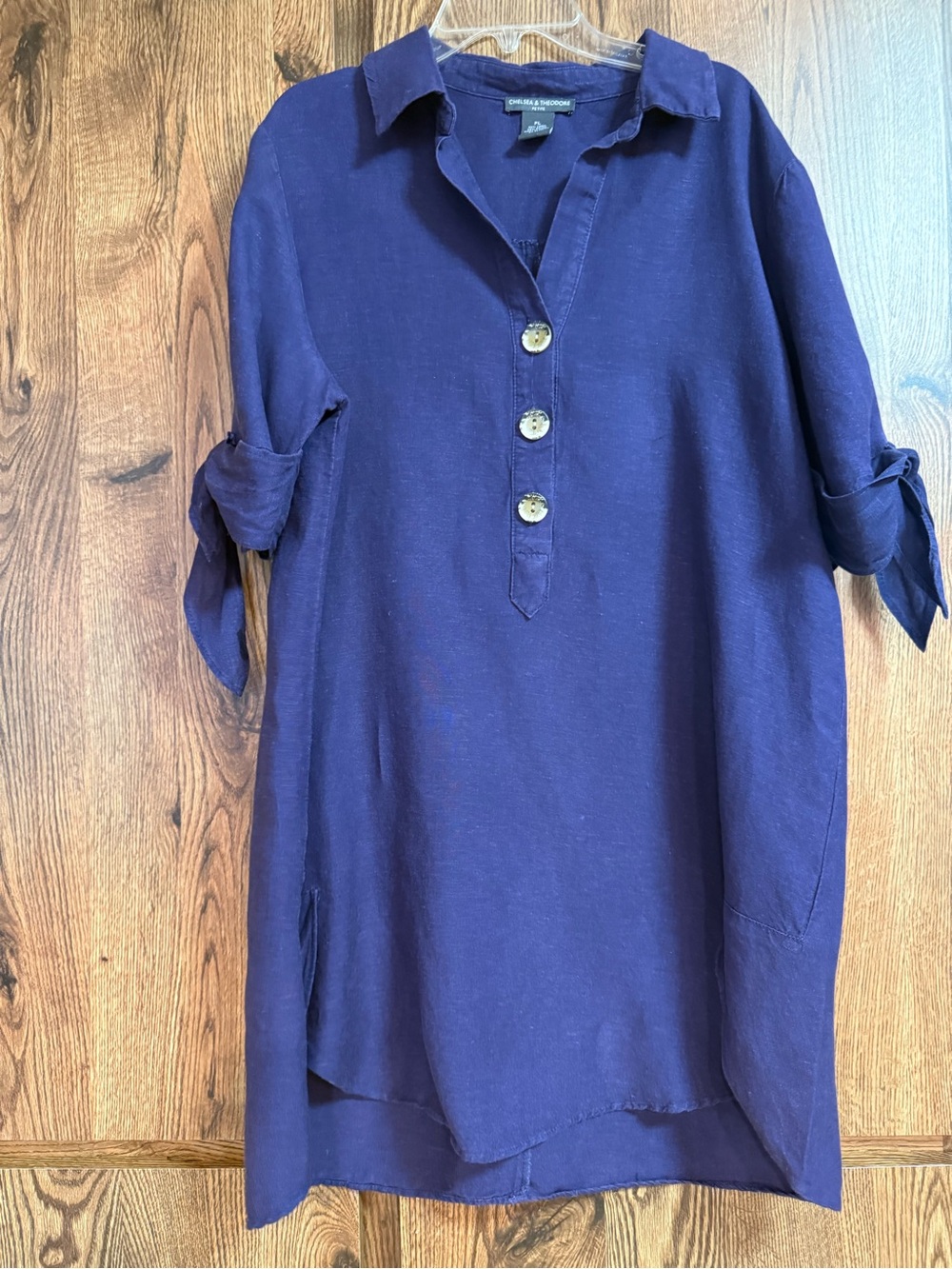 Chelsea & Theodore Navy Blue Collared Button Linen Blend Tunic Dress